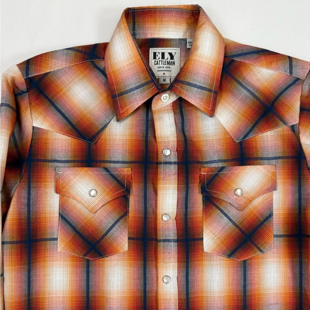 ELY CATTLEMAN Boys Plaid Western Snap Button Shirt Size M Classic Cowboy‎